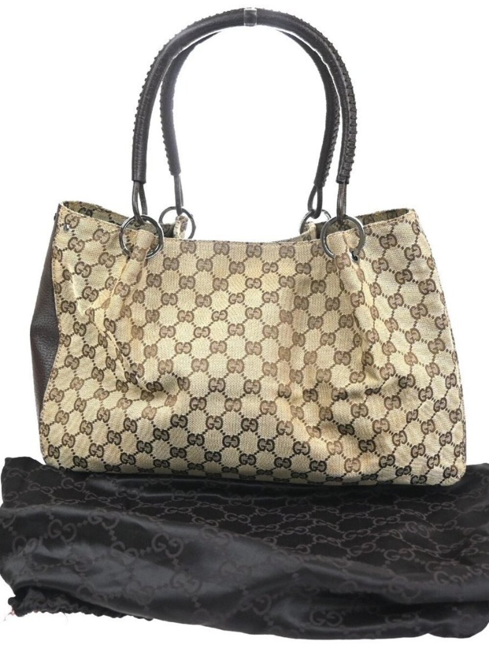 GUCCI Logo GG Pattern Shoulder Tote Bag Canvas Leather Brown 86KC878